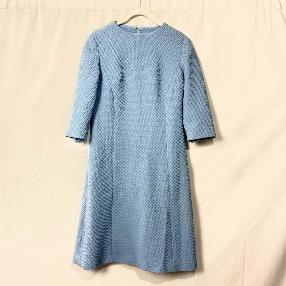 Vintage 1960s Handmade Mod Shift Dress Light Blue Double Knit Basketweave
